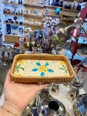 SARI MAVİ ÇİÇEK DESEN RATTAN TEPSİ 21X12CM