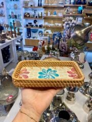 MAVİ ÇİÇEK DESEN RATTAN TEPSİ 21X12CM