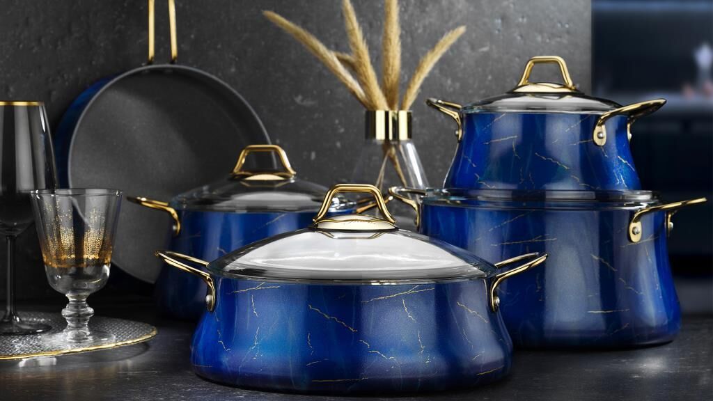 LACİVERT MERMER 10  PARÇA TENCERE SETİ