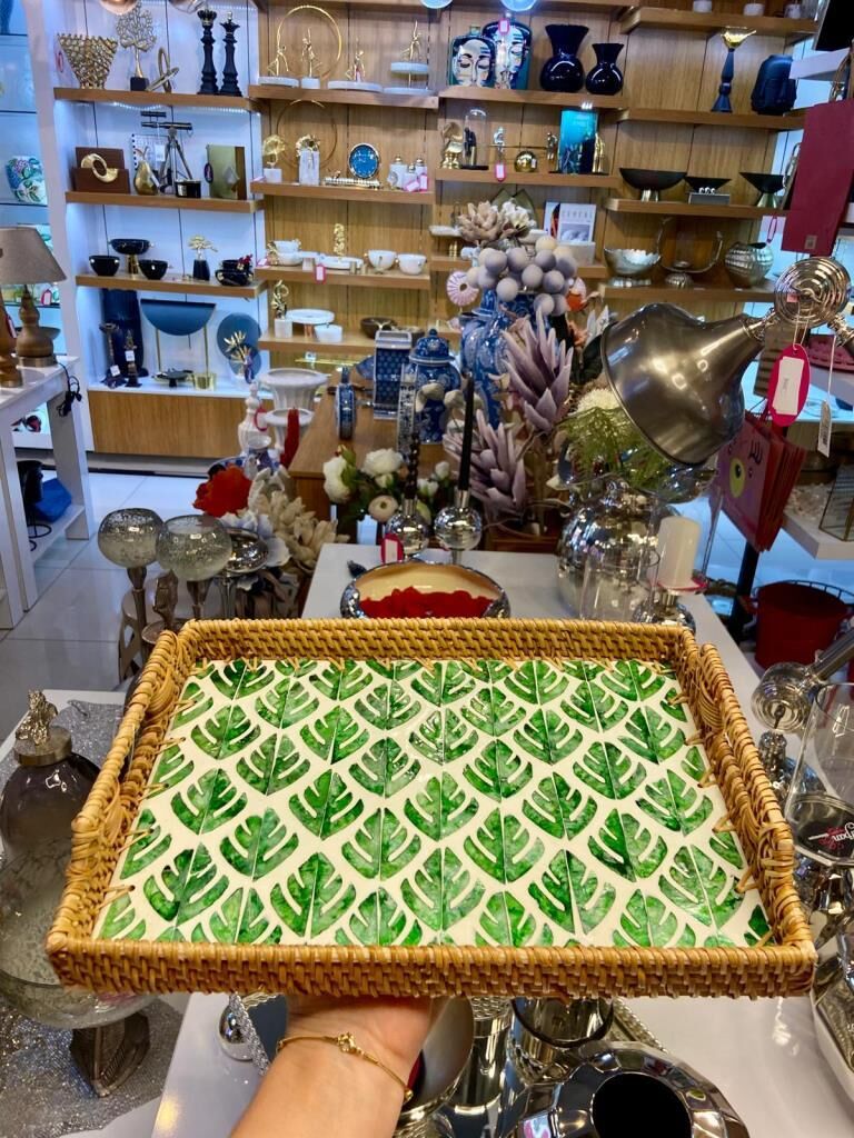 YEŞİL YAPRAK DİKDÖRTGEN RATTAN TEPSİ 29X20CM