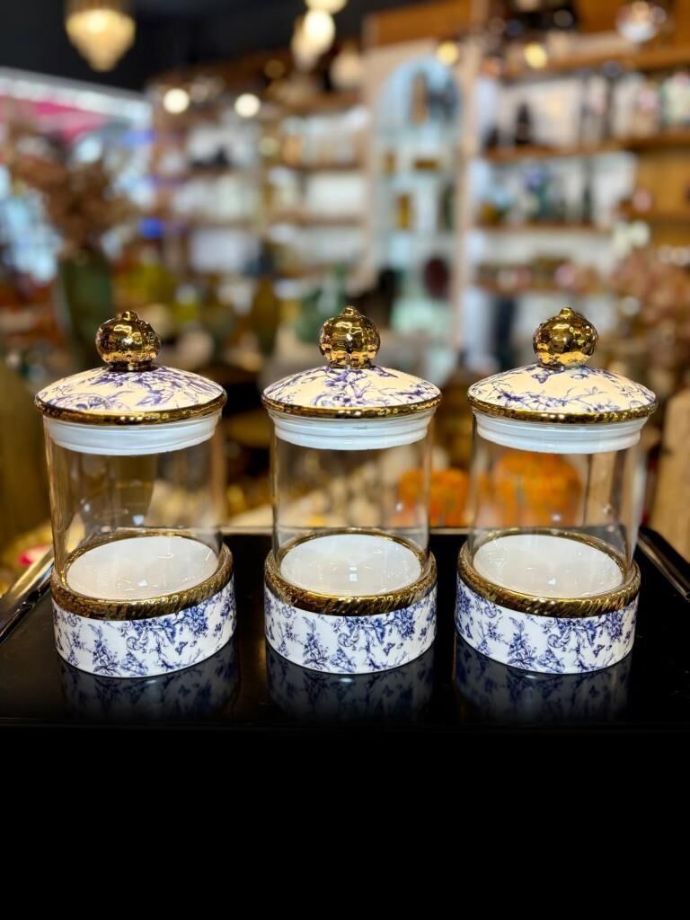 BLUE LİFE 3'LÜ PORSELEN CAM DÜZ KAVANOZ