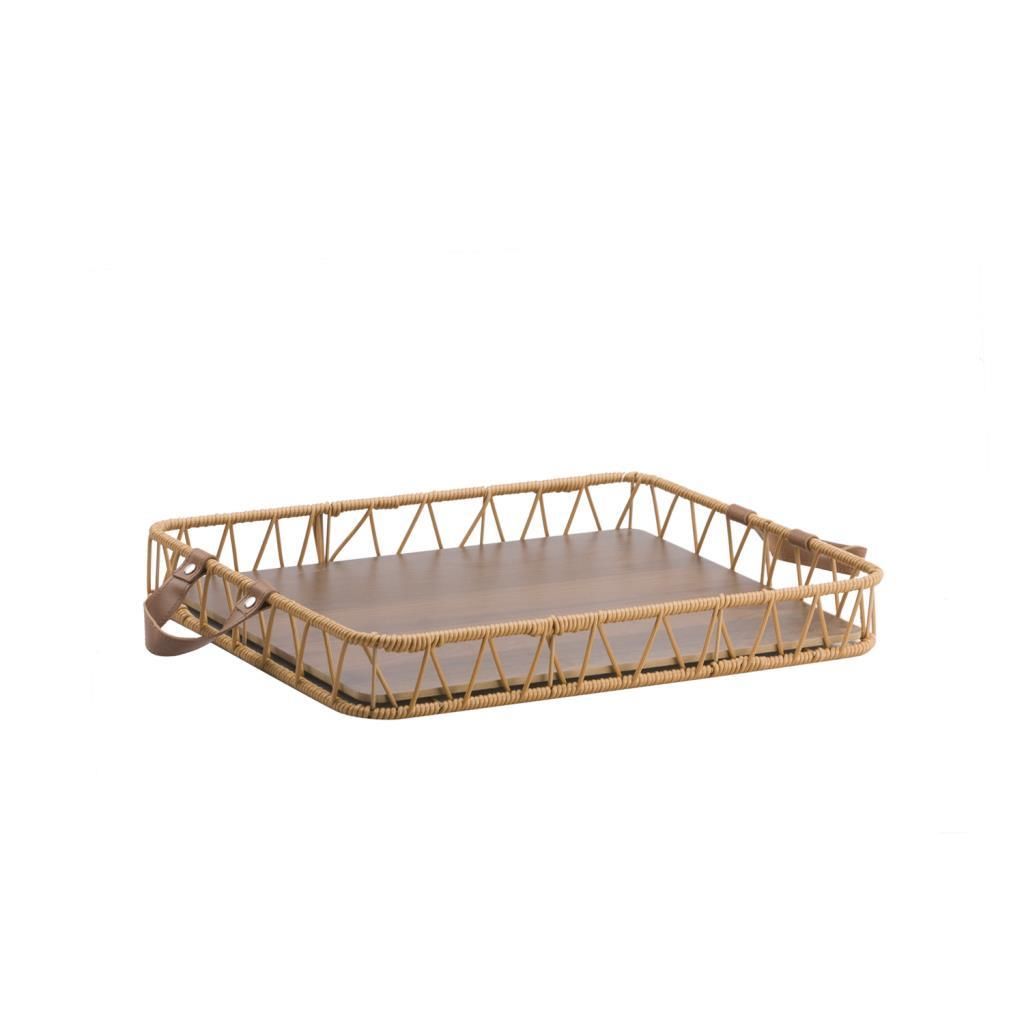 SENTETİK HASIR DERİ KULPLU DİKDÖRTGEN TEPSİ 32X22CM