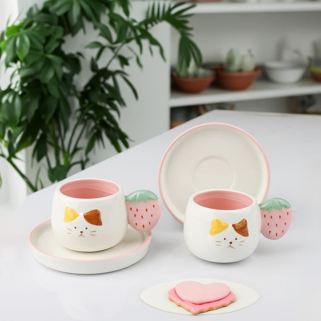 PEMBE KEDİ DESEN 2 KİŞİLİK TÜRK KAHVESİ FİNCANI