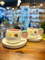 PEMBE KEDİ DESEN 2 KİŞİLİK TÜRK KAHVESİ FİNCANI