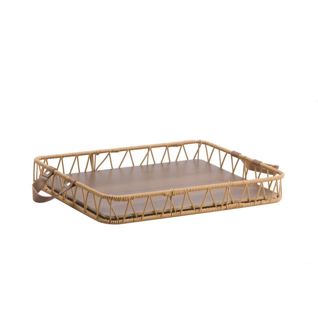 SENTETİK HASIR DERİ KULPLU DİKDÖRTGEN TEPSİ 36X26CM