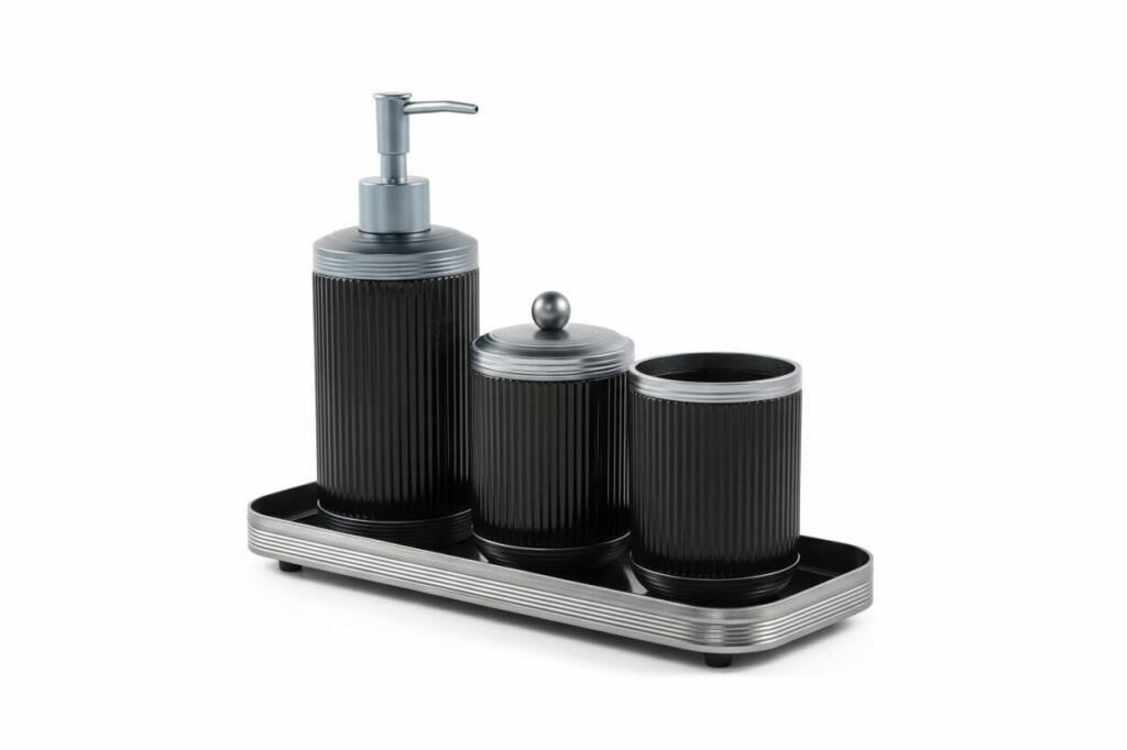 CANYON SİYAH GÜMÜŞ TEPSİLİ 4 PARÇA BANYO SETİ