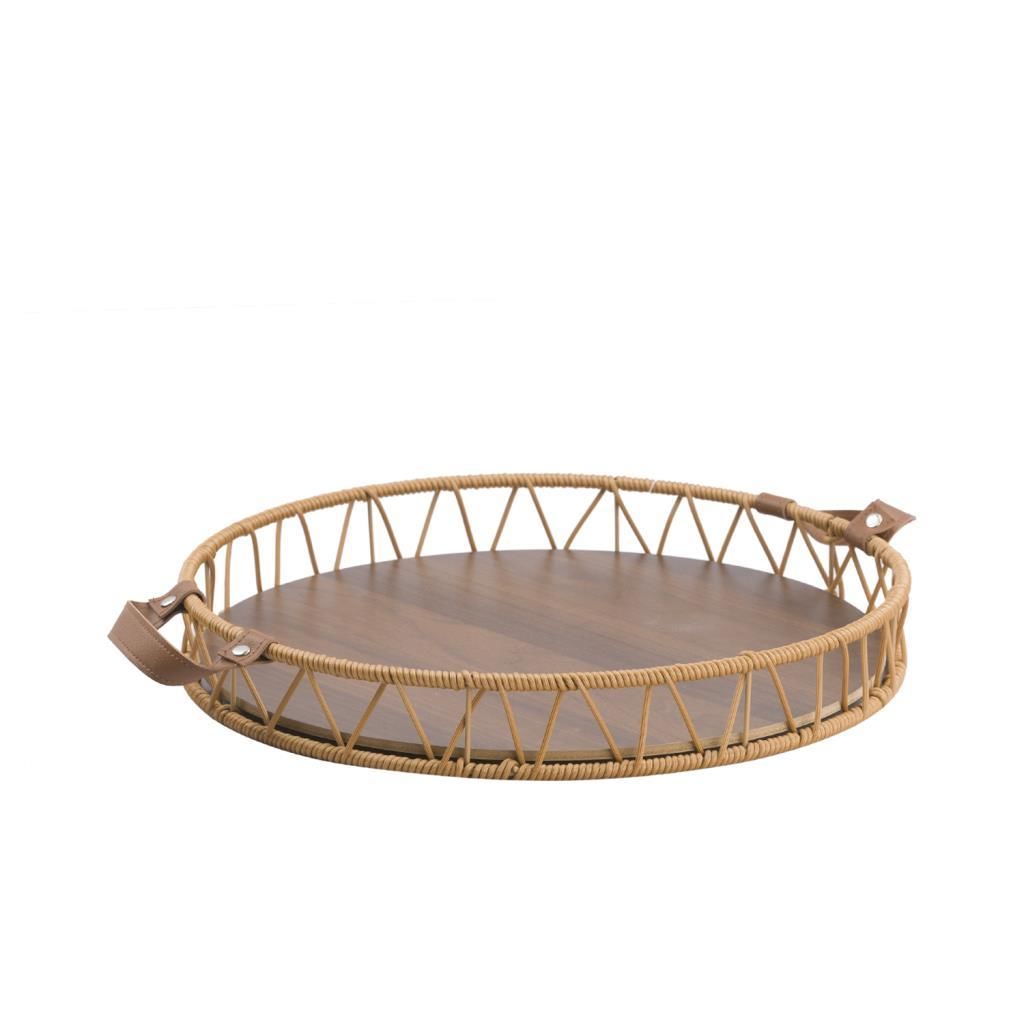 SENTETİK HASIR DERİ KULPLU YUVARLAK TEPSİ 37CM