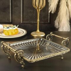 ANTİK ESKİTME KARE AYAKLI SUNUM TABAK 25X25CM