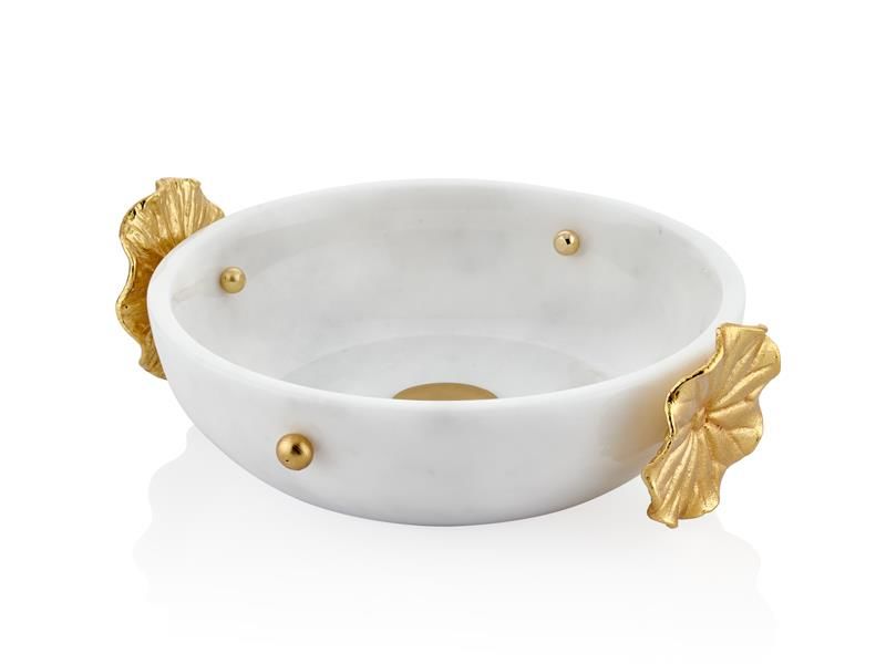 EVZA MERMER BEYAZ ALTIN ÇİÇEKLİ KASE/DEKOR 25CM