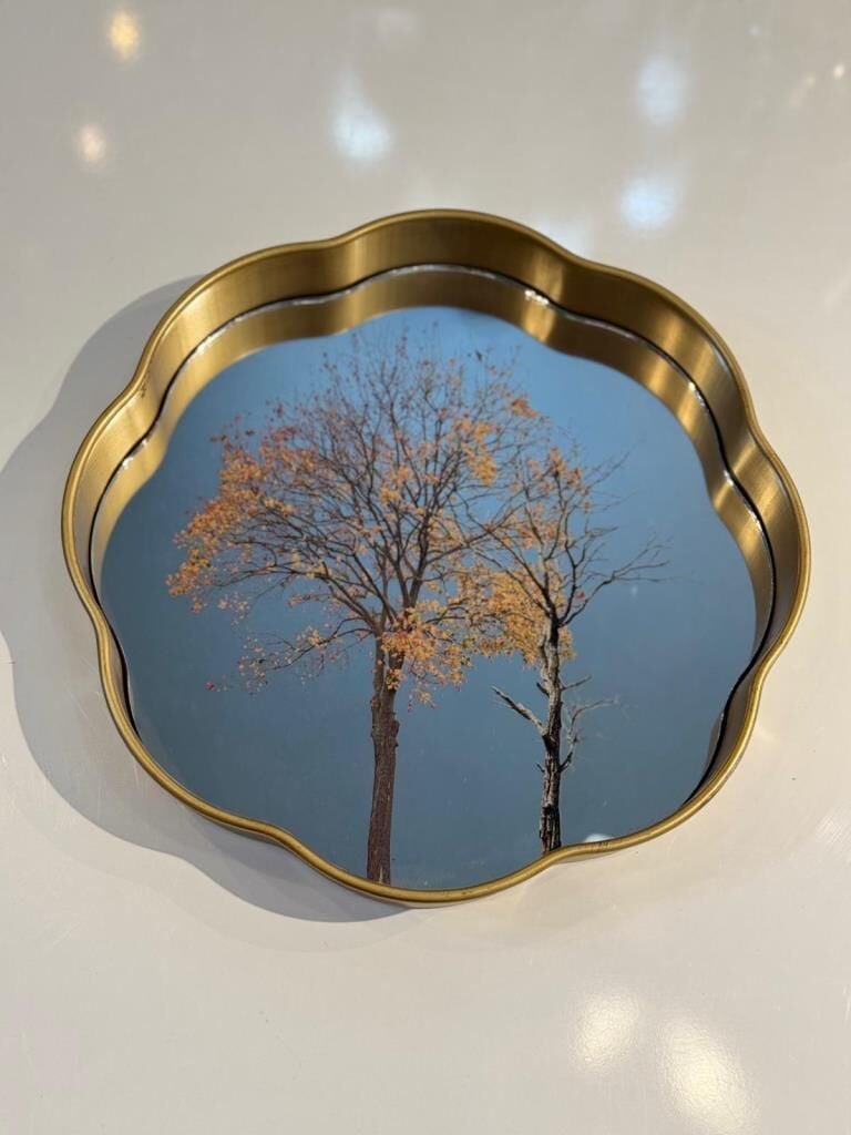 ALTIN ESKİTME AĞAÇ DESEN YUVARLAK TEPSİ 33CM