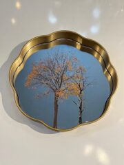 ALTIN ESKİTME AĞAÇ DESEN YUVARLAK TEPSİ 33CM