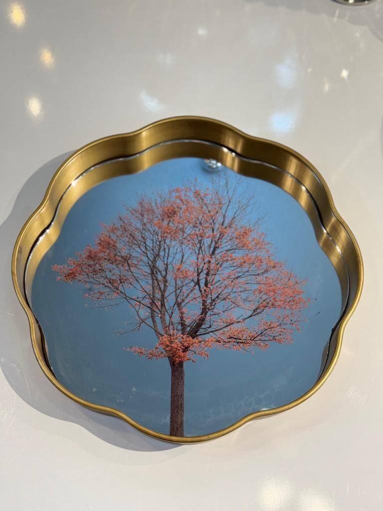 ALTIN ESKİTME AĞAÇ DESEN YUVARLAK TEPSİ 36CM