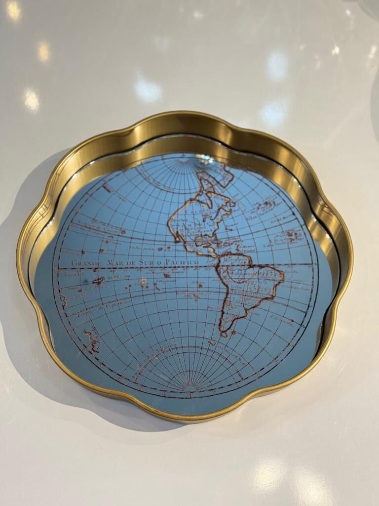 ALTIN ESKİTME HARİTA DESEN YUVARLAK TEPSİ 33CM