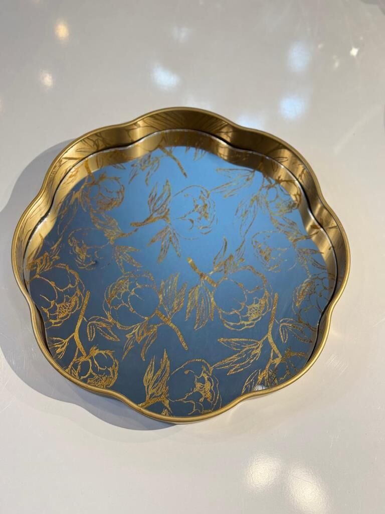 ALTIN ESKİTME ÇİÇEK DESEN YUVARLAK TEPSİ 36CM