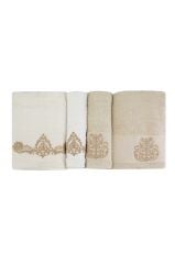 ELDORA SİMLİ NAKIŞLI OFFWHITE-BEJ HAMAM SETİ