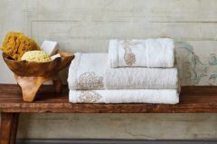 ELDORA SİMLİ NAKIŞLI OFFWHITE-BEJ HAMAM SETİ