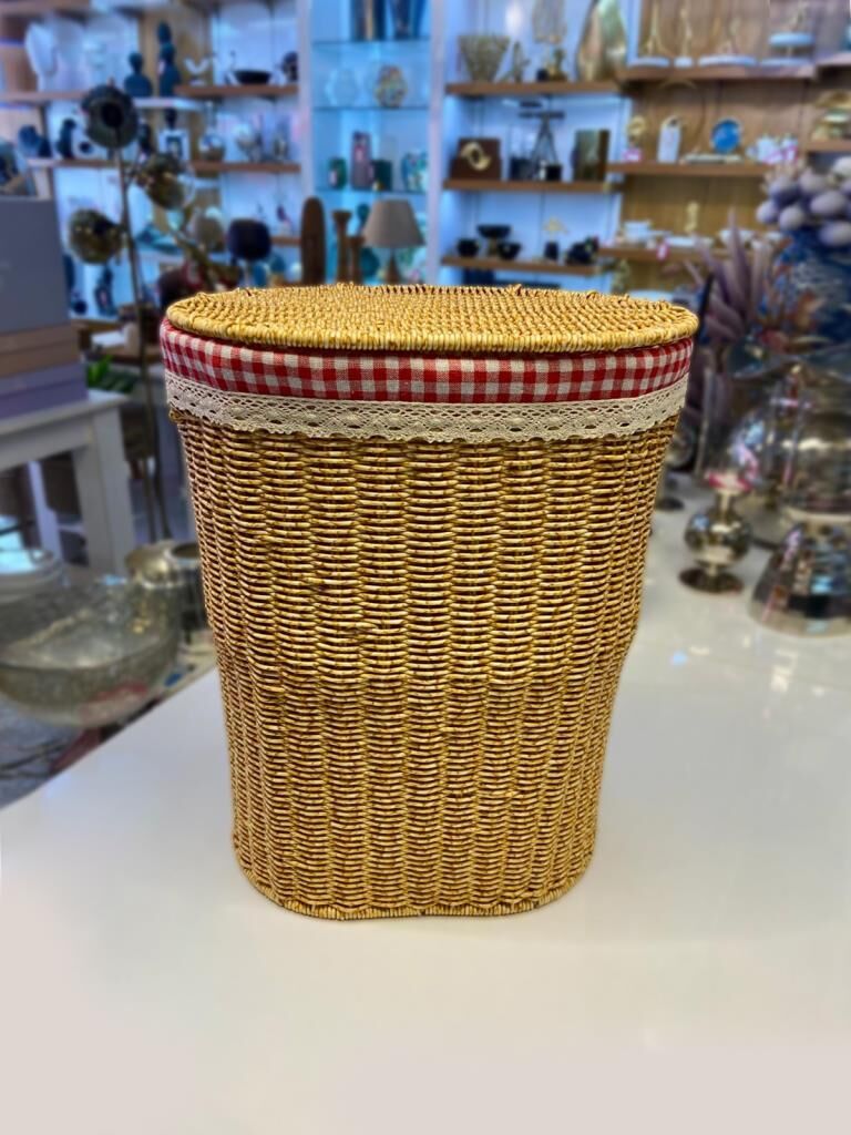 BEJ SENTETİK HASIR OVAL ÇAMAŞIR SEPETİ 38X28X48CM