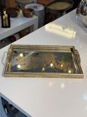 ALTIN ESKİTME YAPRAK DESEN DİKDÖRTGEN TEPSİ 40X25CM