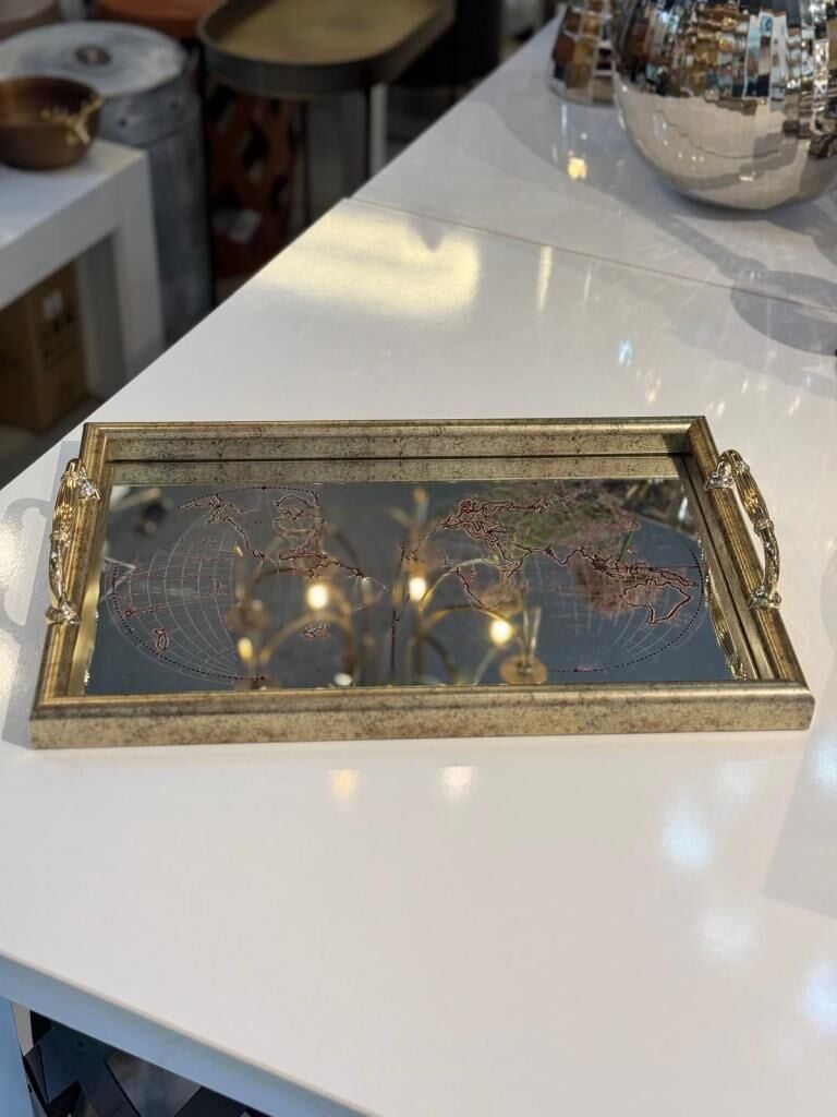 ALTIN ESKİTME HARİTA DESEN DİKDÖRTGEN TEPSİ 45X30CM