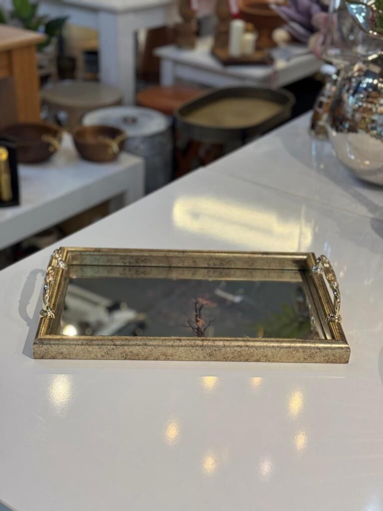 ALTIN ESKİTME AĞAÇ DESEN DİKDÖRTGEN TEPSİ 40X25CM