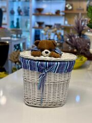 BEYAZ PELUŞ DETAY OVAL HASIR ÇAMAŞIR/OYUNCAK SEPETİ 31X24X27CM