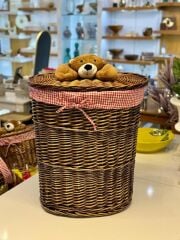 KAHVERENGİ PELUŞ DETAY OVAL HASIR ÇAMAŞIR/OYUNCAK SEPETİ 50X38X57CM