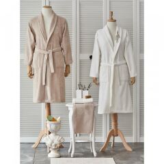 DOLERES OFFWHITE/BEJ NAKIŞLI 5 PARÇA BORNOZ SETİ