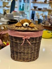 KAHVERENGİ PELUŞ DETAY OVAL HASIR ÇAMAŞIR/OYUNCAK SEPETİ 43X30X40CM