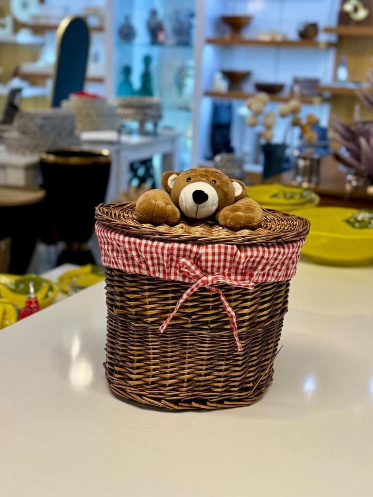 KAHVERENGİ PELUŞ DETAY OVAL HASIR ÇAMAŞIR/OYUNCAK SEPETİ 31X24X27CM