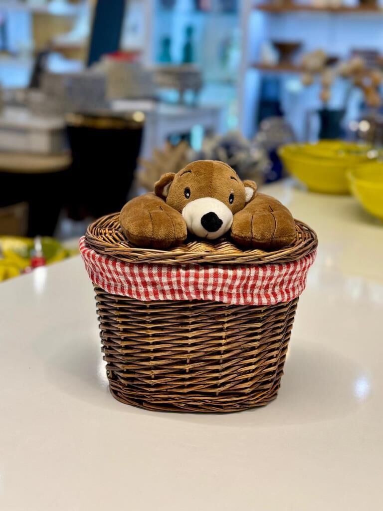 KAHVERENGİ PELUŞ DETAY OVAL HASIR ÇAMAŞIR/OYUNCAK SEPETİ 23X17X17CM