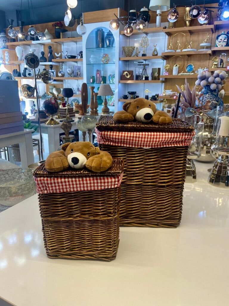 KAHVERENGİ PELUŞ DETAY 2'Lİ HASIR ÇAMAŞIR/OYUNCAK SEPETİ