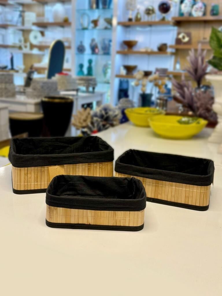 SİYAH KUMAŞLI 3'LÜ BAMBU SEPET