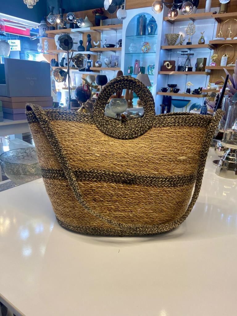 SİYAH BEJ HASIR ÇANTA 48X20X32CM