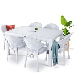 CAPİSSİ BEYAZ CAMSIZ RATTAN MASA SETİ 90X150CM