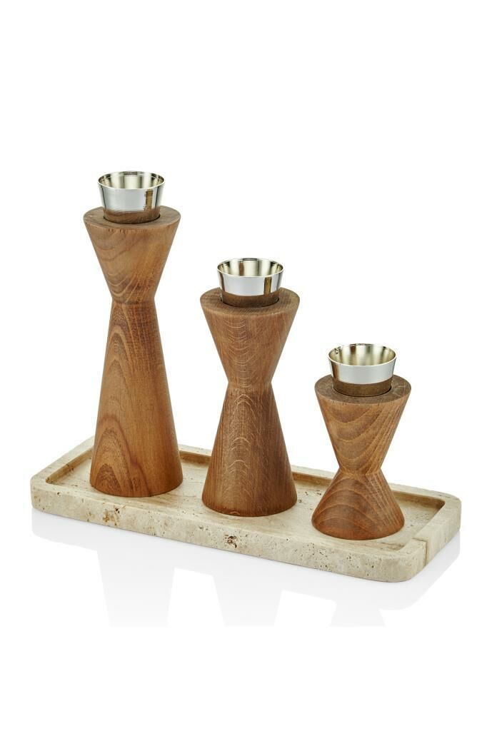 ASİMETRİK TRAVERTEN TABAKLI 3'LÜ MUMLUK 12X30CM