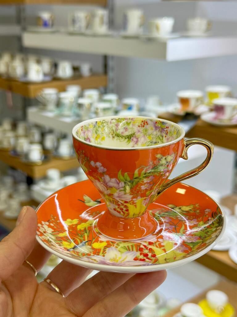 TURUNCU ÇİÇEKLİ TEK KİŞİLİK TÜRK KAHVESİ FİNCANI