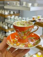 TURUNCU ÇİÇEKLİ TEK KİŞİLİK TÜRK KAHVESİ FİNCANI