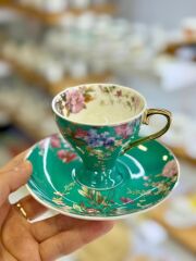 YEŞİL ÇİÇEKLİ TEK KİŞİLİK TÜRK KAHVESİ FİNCANI