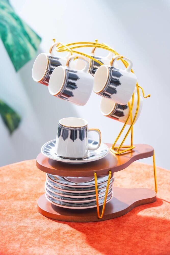 PUFFIN STANDLI 6 KİŞİLİK TÜRK KAHVESİ FİNCANI DESEN1