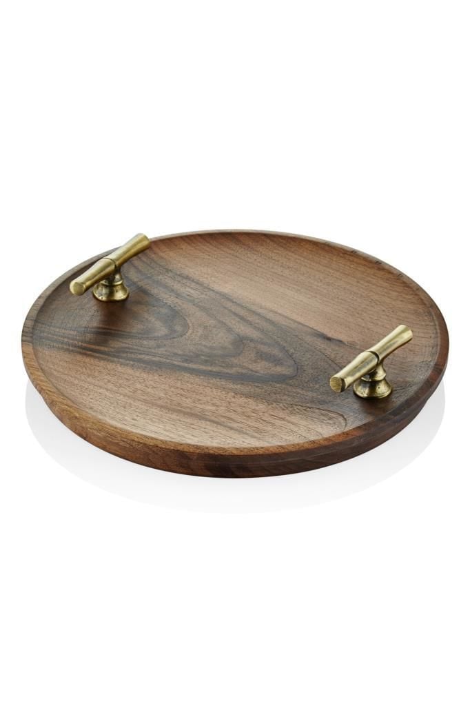 AHŞAP KULPLU YUVARLAK TEPSİ BRONZ 30X30X7CM
