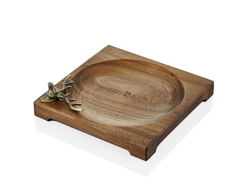 GEYİK FİGÜRLÜ AHŞAP KARE BRONZ TABAK 23X23X7CM
