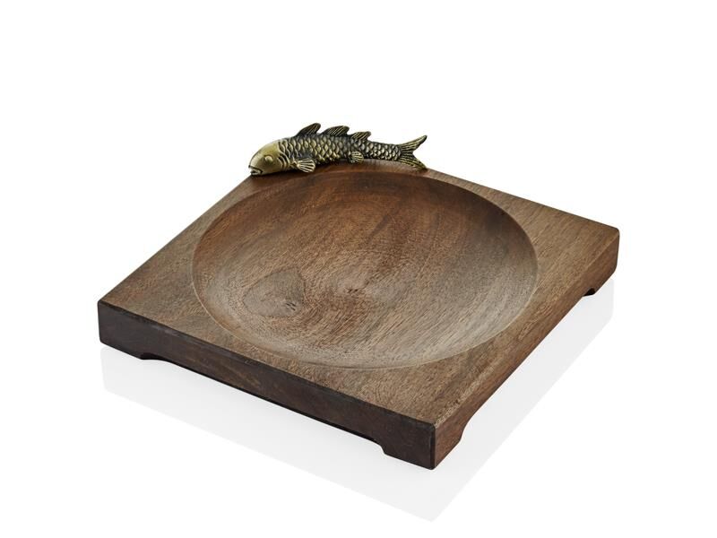 BALIK FİGÜRLÜ AHŞAP AYAKLI KARE TABAK BRONZ 26X26X31CM