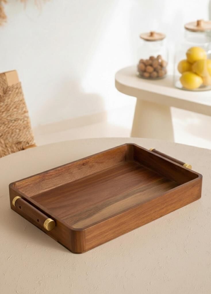 NATURA AKASYA METAL GOLD KULPLU TEPSİ 47X30X6CM