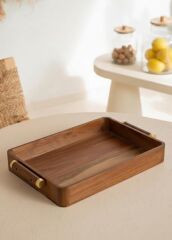 NATURA AKASYA METAL GOLD KULPLU TEPSİ 47X30X6CM