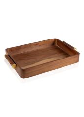 NATURA AKASYA METAL GOLD KULPLU TEPSİ 47X30X6CM