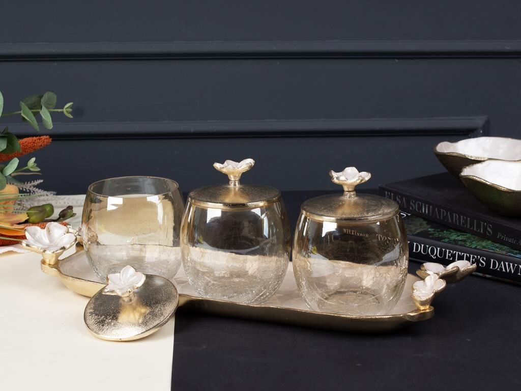 FLORINDO ALTIN SEDEFLİ TEPSİLİ KAVANOZ SETİ