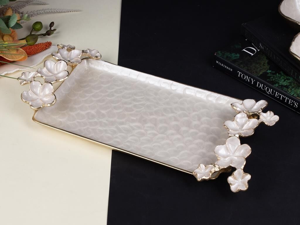 FLORINDO ALTIN SEDEFLİ KULPLU SUNUMLUK/TEPSİ 42X19CM
