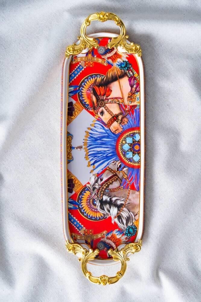 WHISPER OVAL ALTIN KULPLU SUNUM TABAK/TEPSİ DESEN1 34X13CM