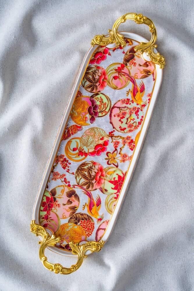 DREAM OVAL ALTIN KULPLU SUNUM TABAK/TEPSİ DESEN2 34X13CM