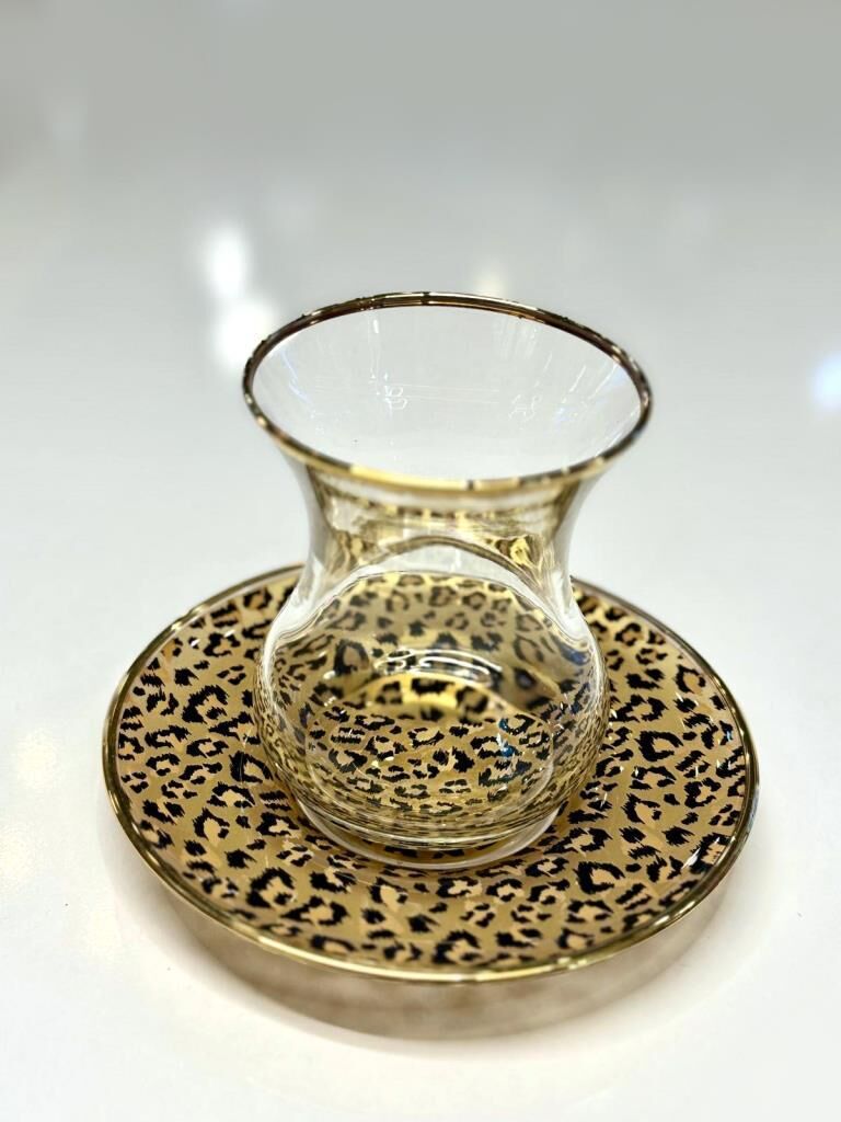 LEOPAR DESEN YALDIZLI TEK KİŞİLİK ÇAY SETİ